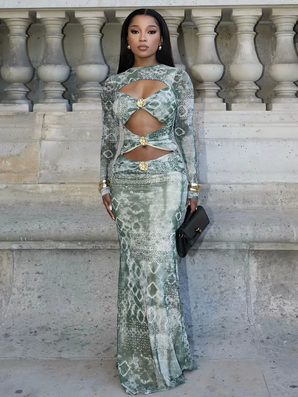 Zara Flowy Digital Print Cutout Long Sleeve Maxi Dress for Fall